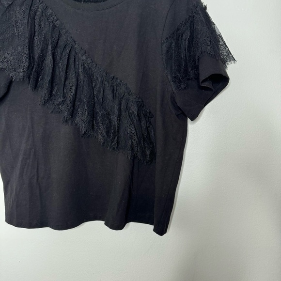 Cinq a Sept Mia Black Lace Ruffle Cotton Short Sleeve Top medium - Picture 4 of 9